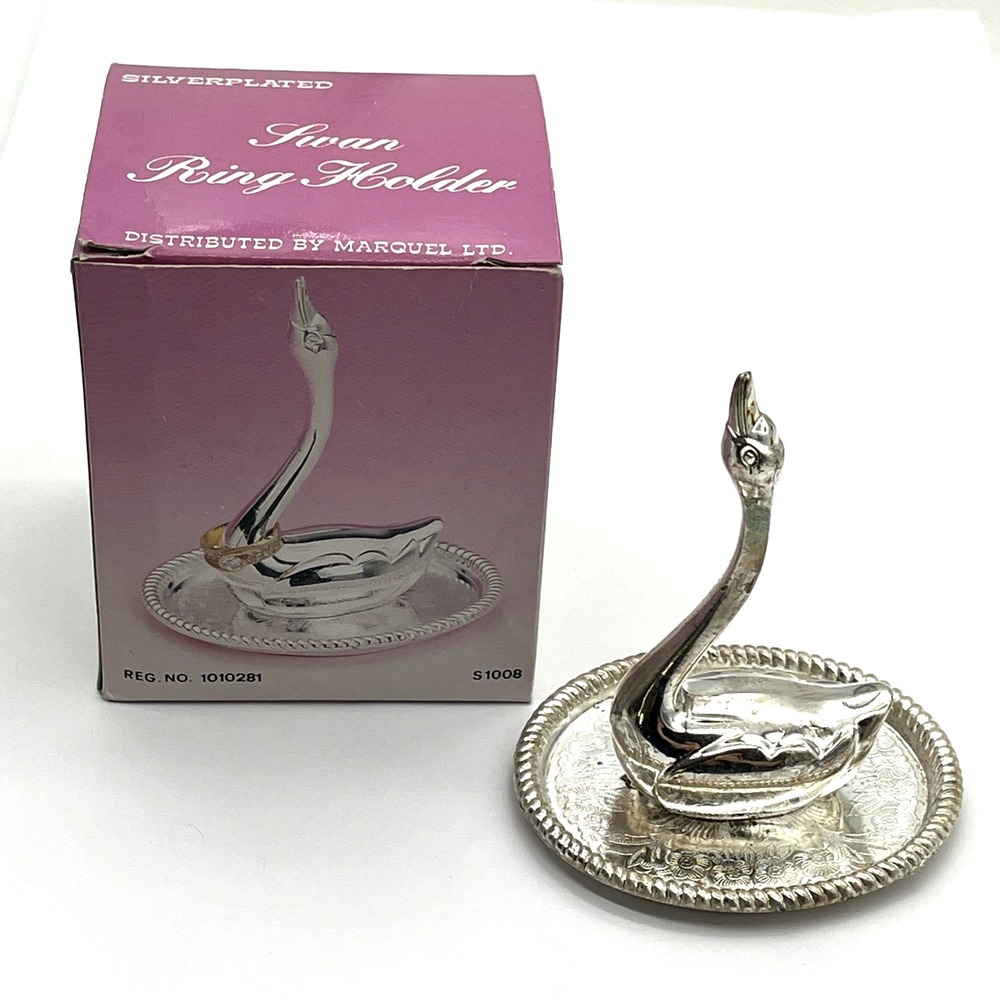Vintage Silver Plated Swan Figurine Ring Jewelry Holder Plate Trinket Hong Kong